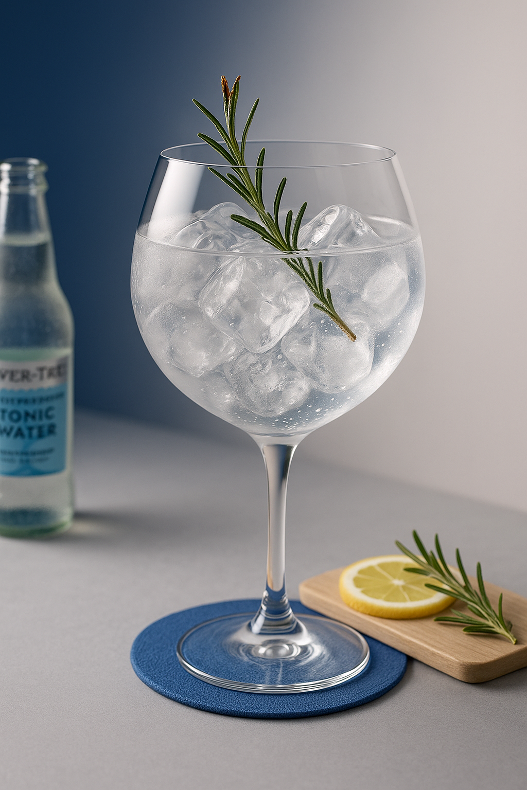 Bluwer Gin served with Fever-Tree Mediterranean Tonic Water, garnished with lightly singed fresh rosemary sprig