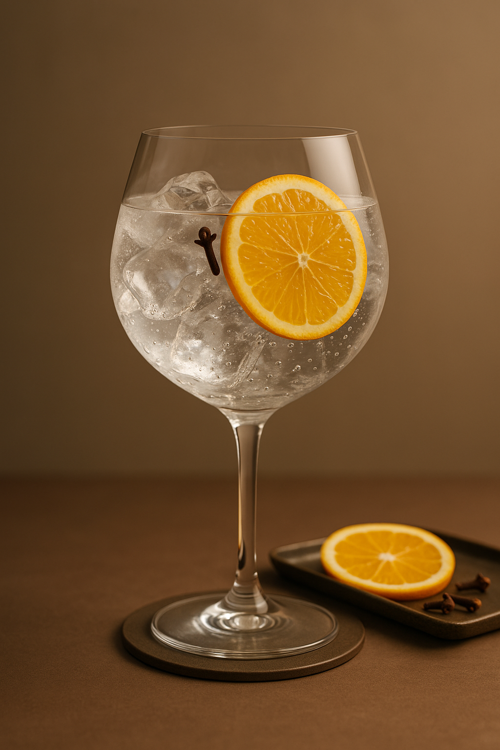 Bobby's Schiedam Dry Gin France Edition servi avec Fever-Tree Mediterranean Tonic Water, agrémenté de thin slice of fresh orange et single clove