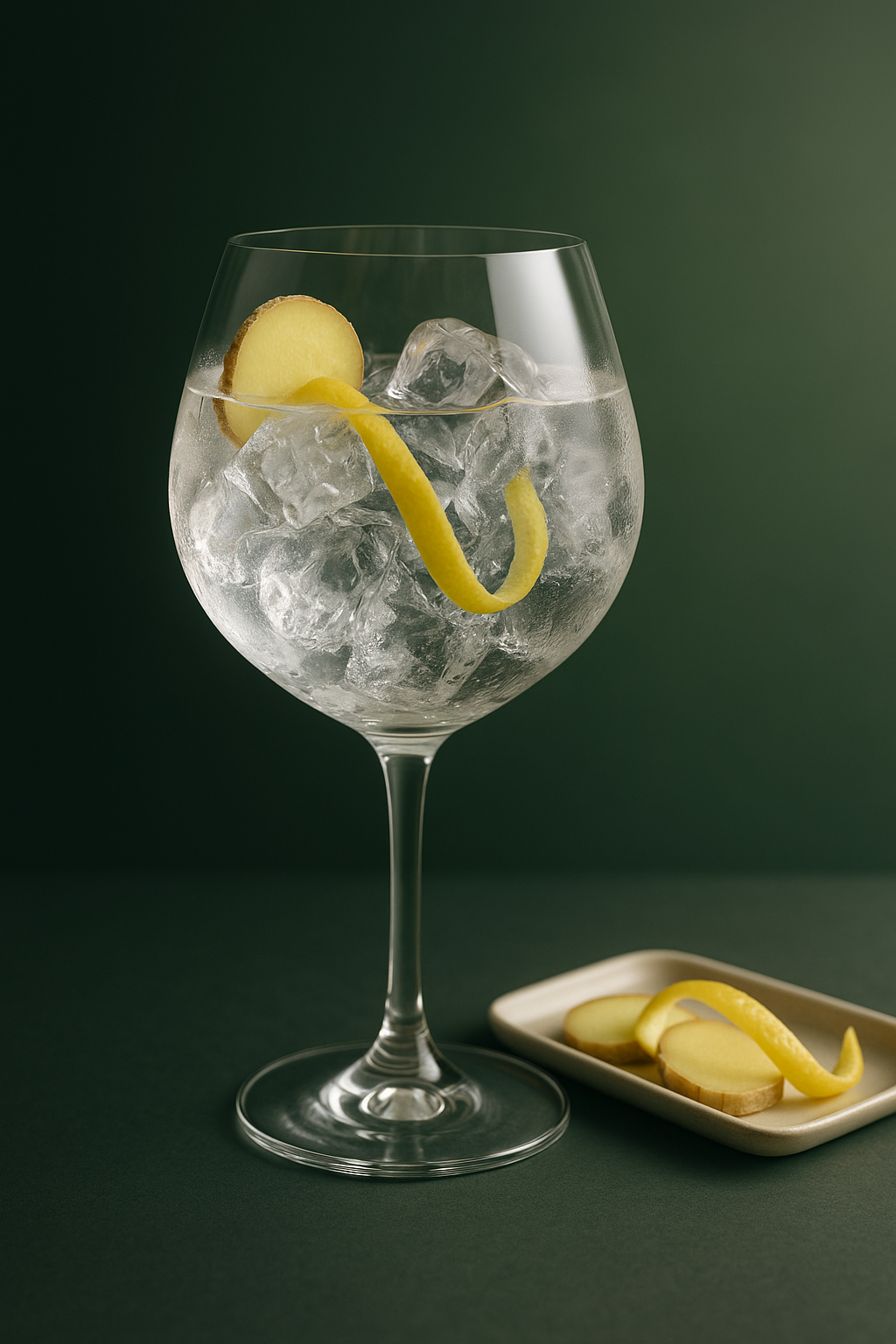 Bobby's Schiedam Jenever served with East Imperial Burma Tonic Water, garnished with thin slice of fresh ginger and twist of lemon peel