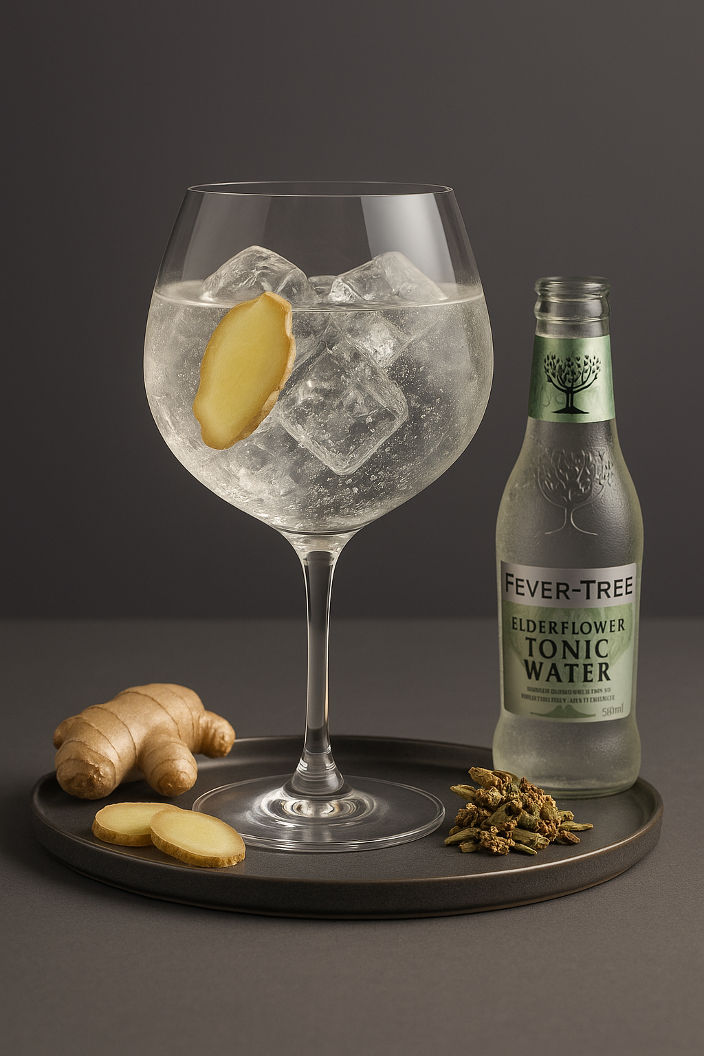 Bols Genever - Amsterdam Edition served with Fever-Tree Elderflower Tonic Water, garnished with thin slice of fresh ginger