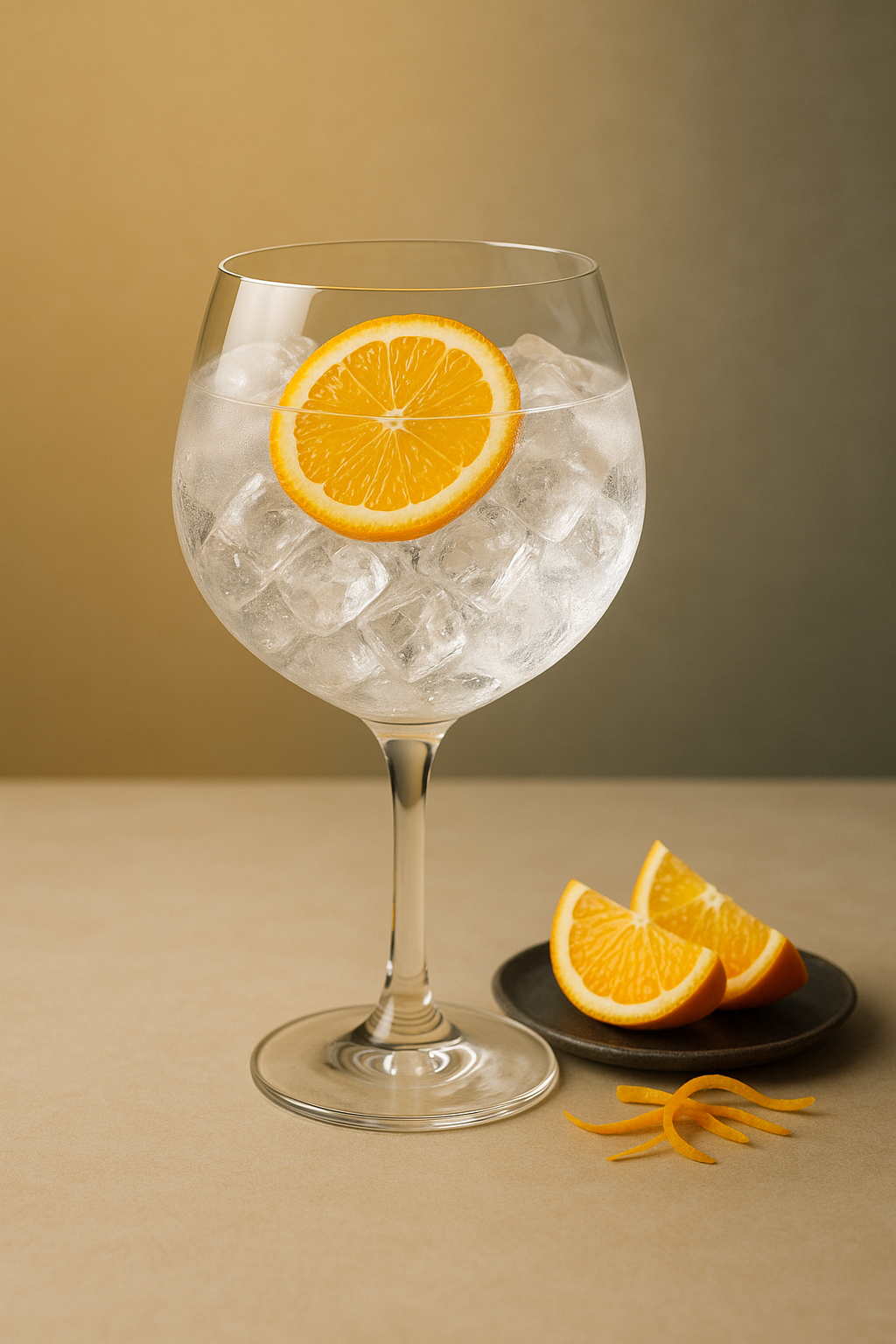 Bols Silver Top Dry Gin served with East Imperial Yuzu Tonic, garnished with thin slice of fresh orange