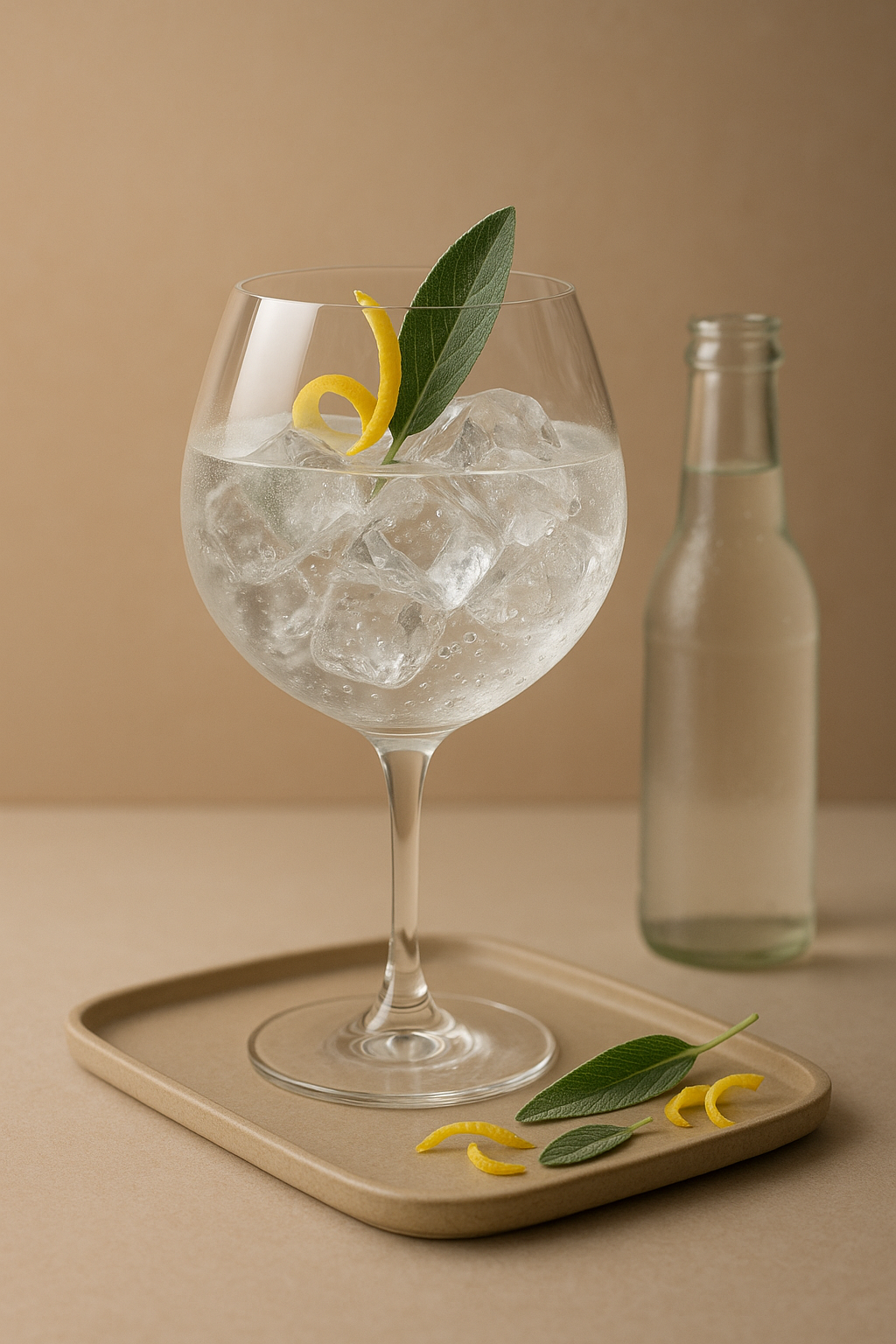 Bottega Bacûr Gin served with East Imperial Burma Tonic Water, garnished with Fresh sage leaf, gently slapped and Thin twist of lemon peel