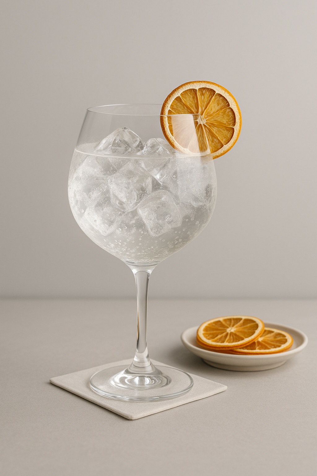 Brighton Gin served with Fever-Tree Mediterranean Tonic Water, garnished with thin wheel of dehydrated orange