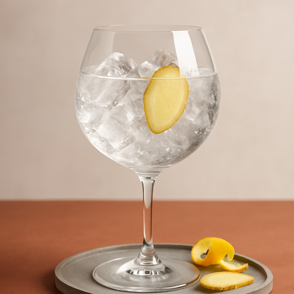 Brussels Distillery Gin served with East Imperial Burma Tonic Water, garnished with thin slice of fresh ginger