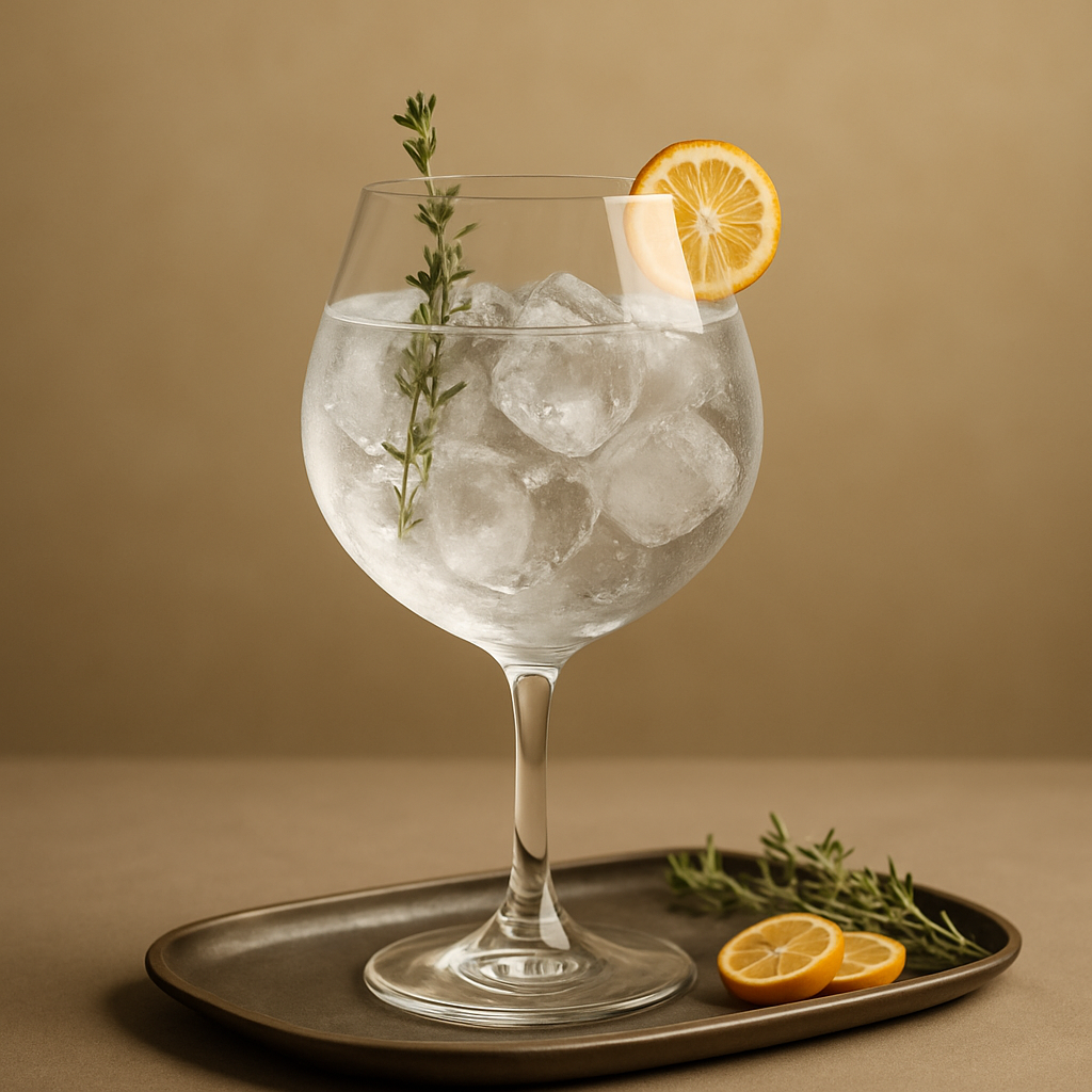Bruut Gin servi avec Thomas Henry Tonic Water, agrémenté de Fresh thyme sprig et Thin kumquat slice