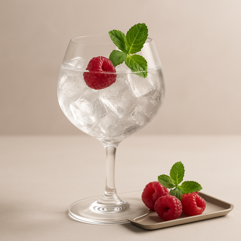 BUSS N°509 Raspberry Gin servi avec Fever-Tree Mediterranean Tonic Water, agrémenté de fresh raspberry et mint sprig
