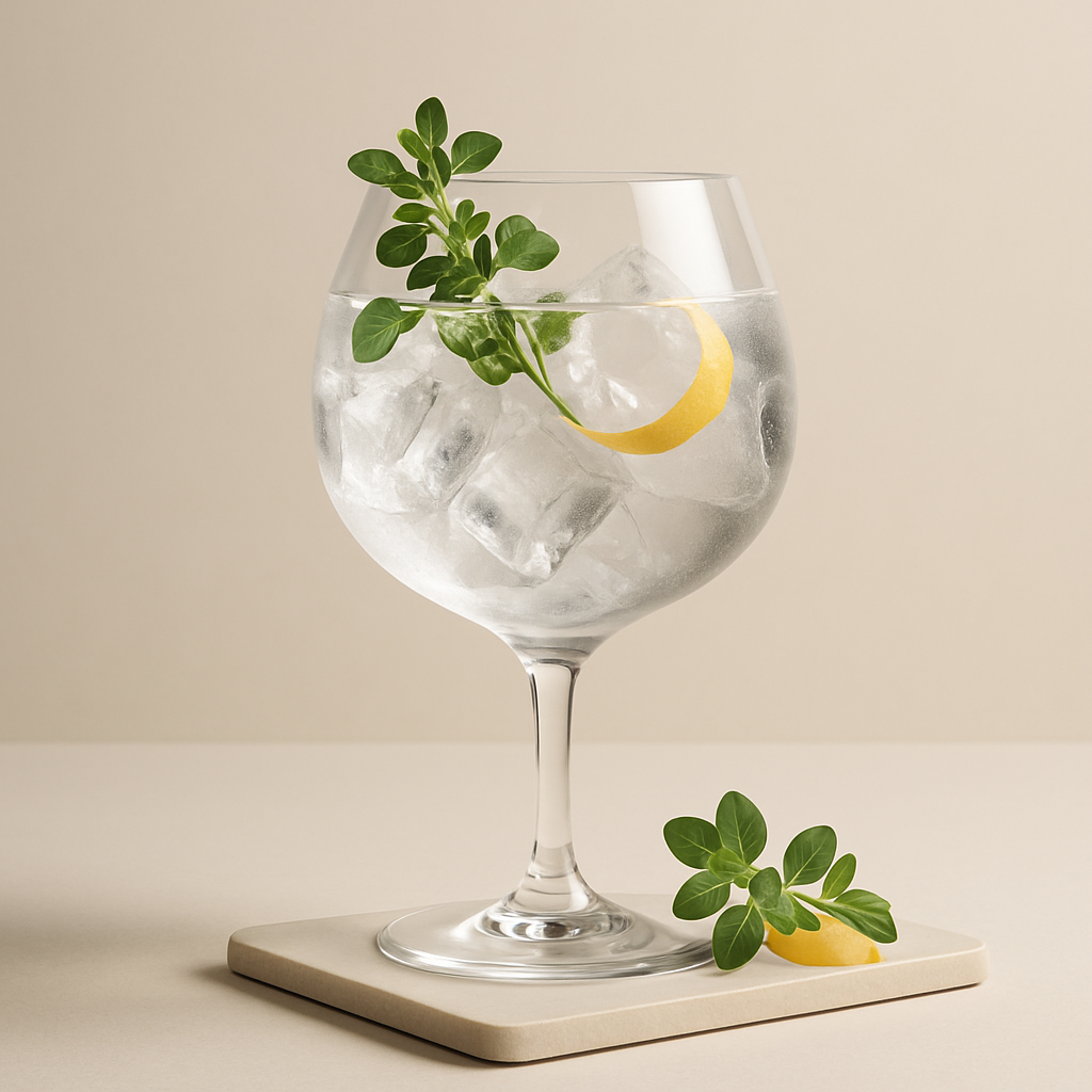 BUSS N°509 White Rain Gin servi avec Syndrome Raw Premium Tonic, agrémenté de Fresh marjoram sprig, lightly bruised et Thin lemon peel twist