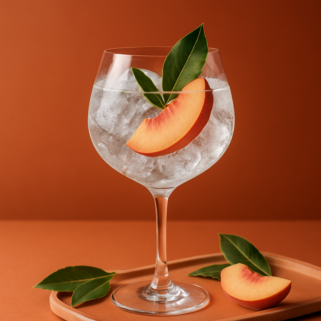 Cacimba Gin - Rose Peach served with Fever-Tree Mediterranean Tonic Water, garnished with Fresh bay leaf, gently slapped and Thin slice of pink peach