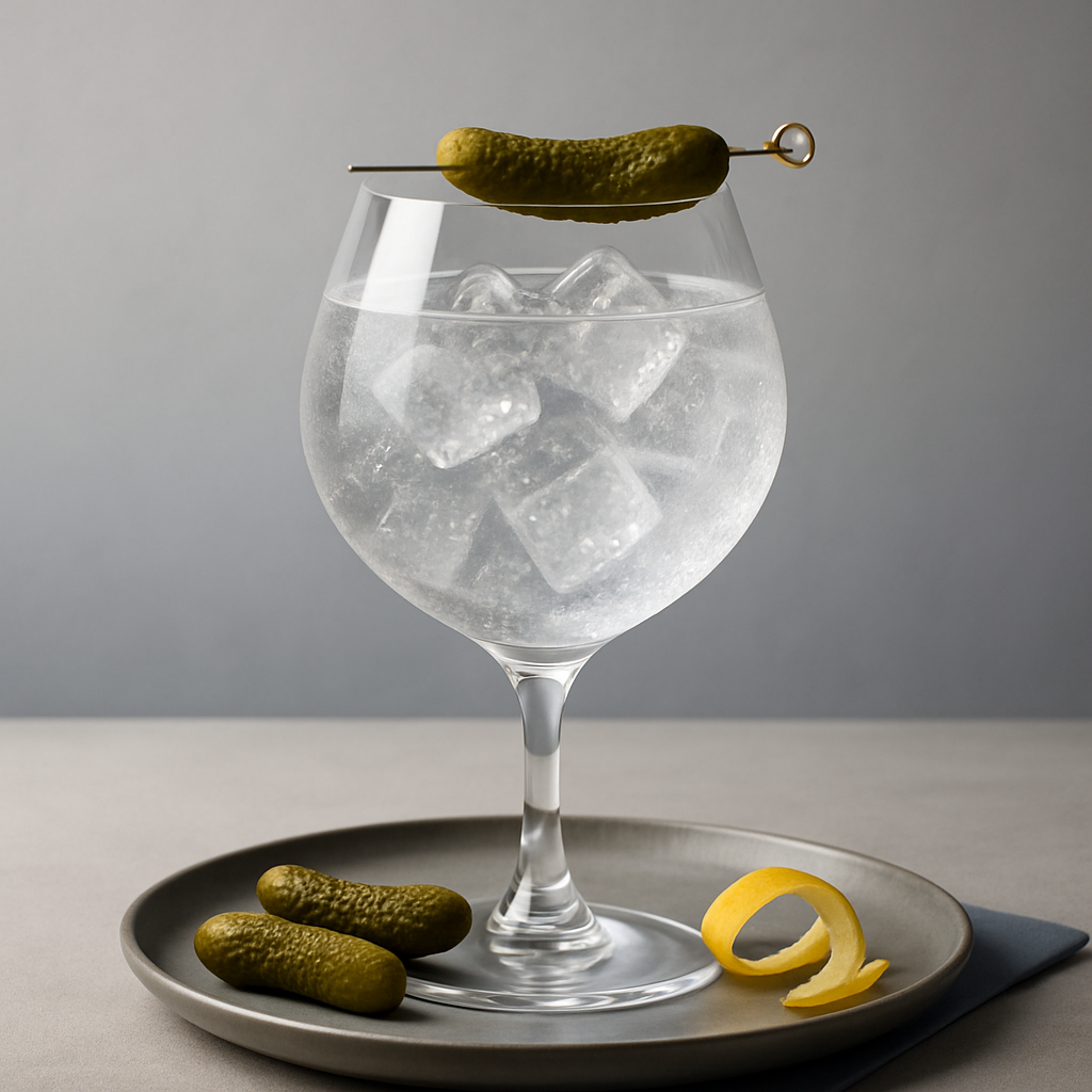 Citadelle Vive le Cornichon served with Fever-Tree Mediterranean Tonic Water, garnished with Cornichon pickle on a cocktail skewer