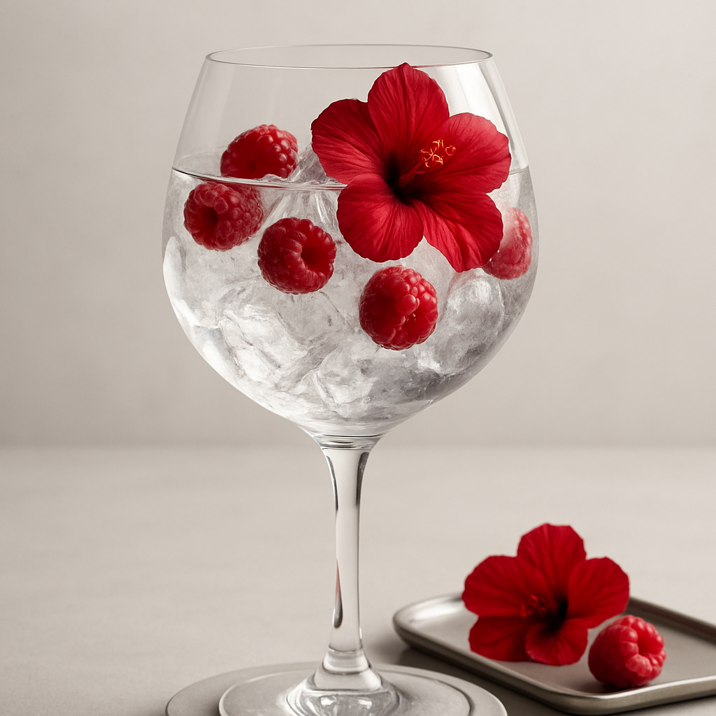 Collective Arts Pink Georgian Bay Gin served with Fever-Tree Elderflower Tonic Water, garnished with fresh raspberry and hibiscus flower