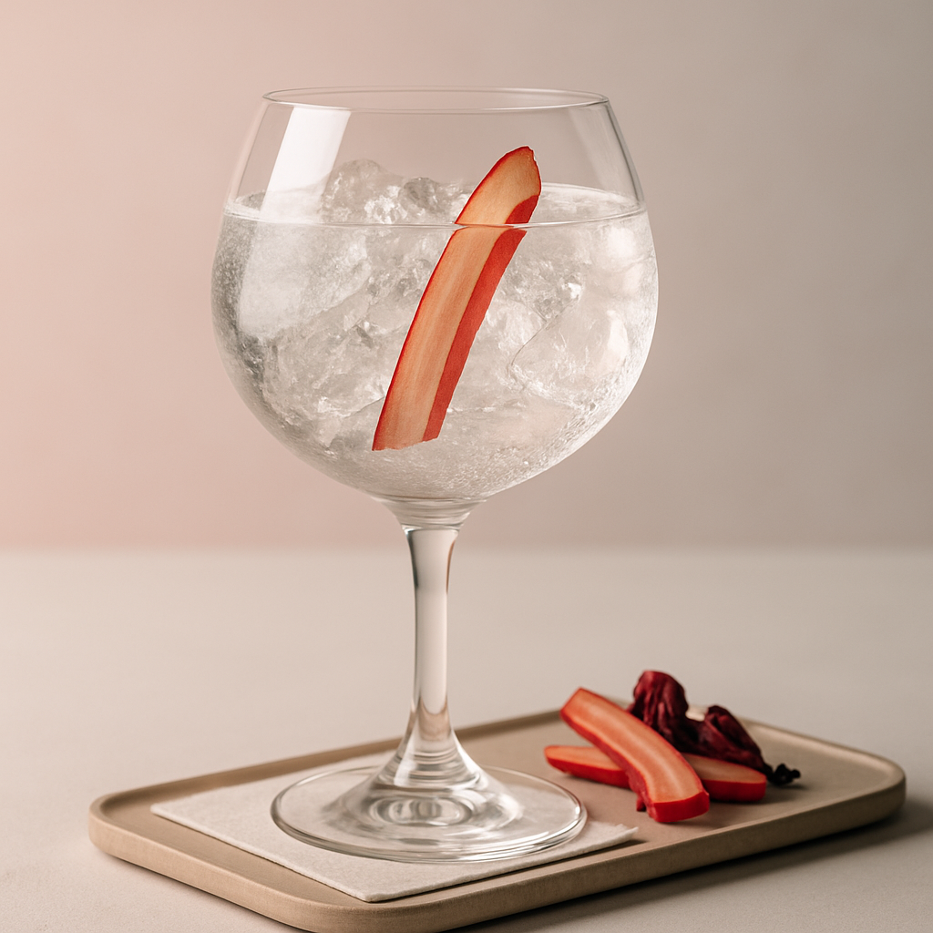 Collective Arts Rhubarb & Hibiscus Gin served with Fentimans Elderflower Tonic Water, garnished with thin slice of fresh rhubarb