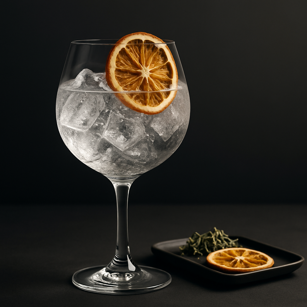 Collesi Gin served with Fever-Tree Mediterranean Tonic Water, garnished with dehydrated orange wheel