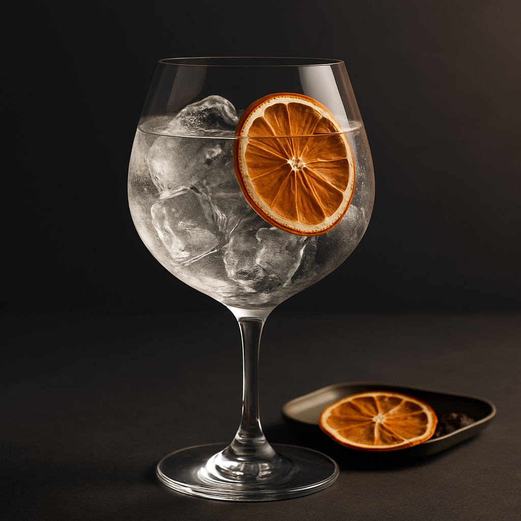 Copenhagen Distillery Orange Gin servi avec Fever-Tree Mediterranean Tonic Water, agrémenté de thin slice of dehydrated orange