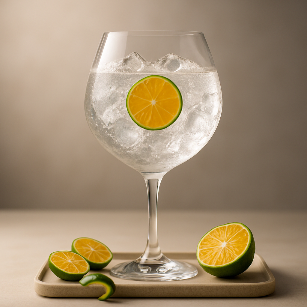 Crows Gin served with East Imperial Yuzu Tonic, garnished with Thin slice of fresh calamansi