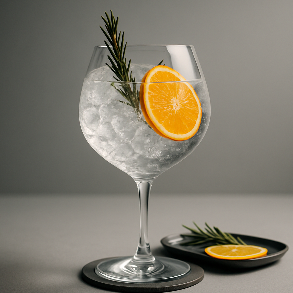 Danica Gin served with Fever-Tree Mediterranean Tonic Water, garnished with thin slice of fresh orange and lightly singed rosemary sprig