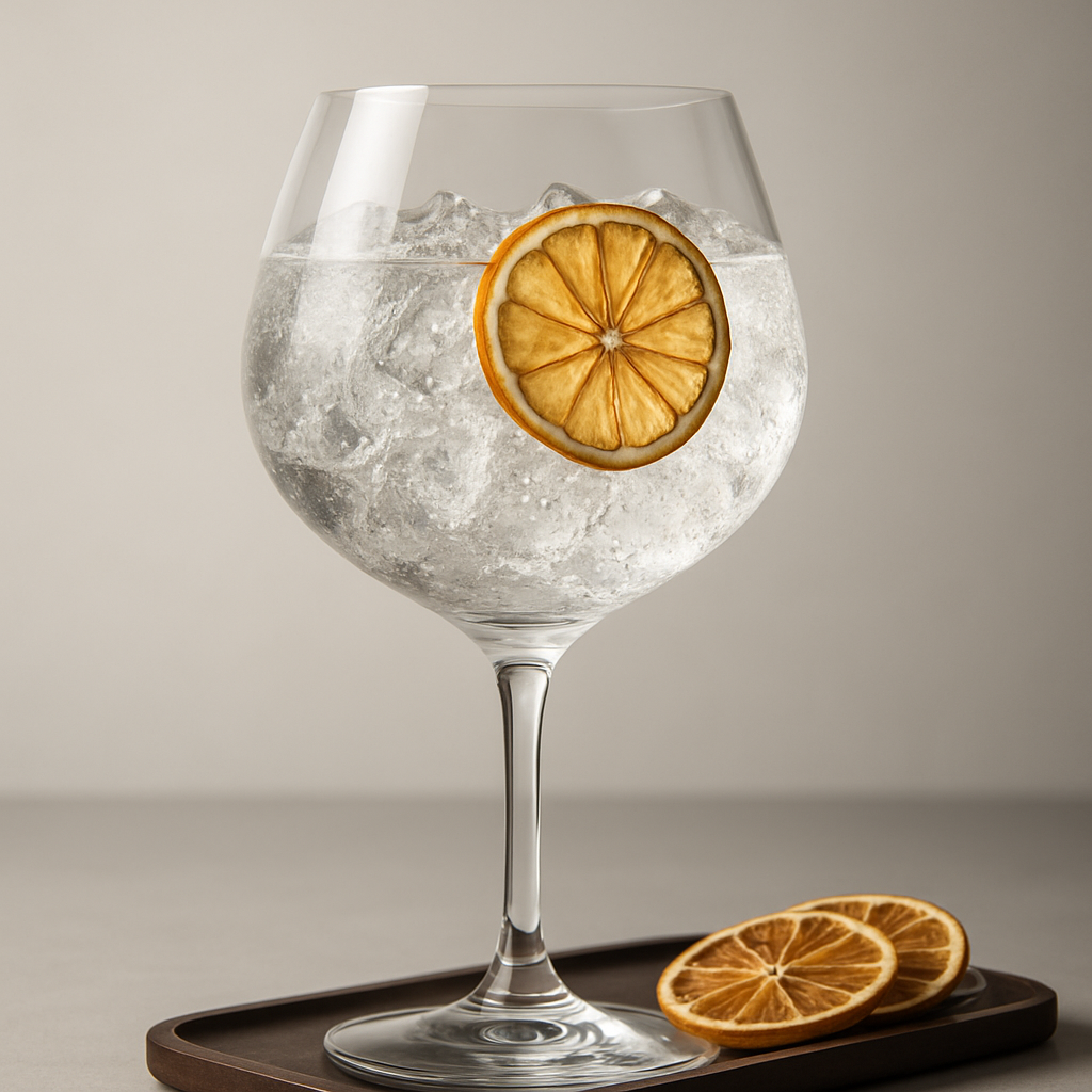 De Cort Gin served with Thomas Henry Botanical Tonic, garnished with thin slice of dehydrated lemon