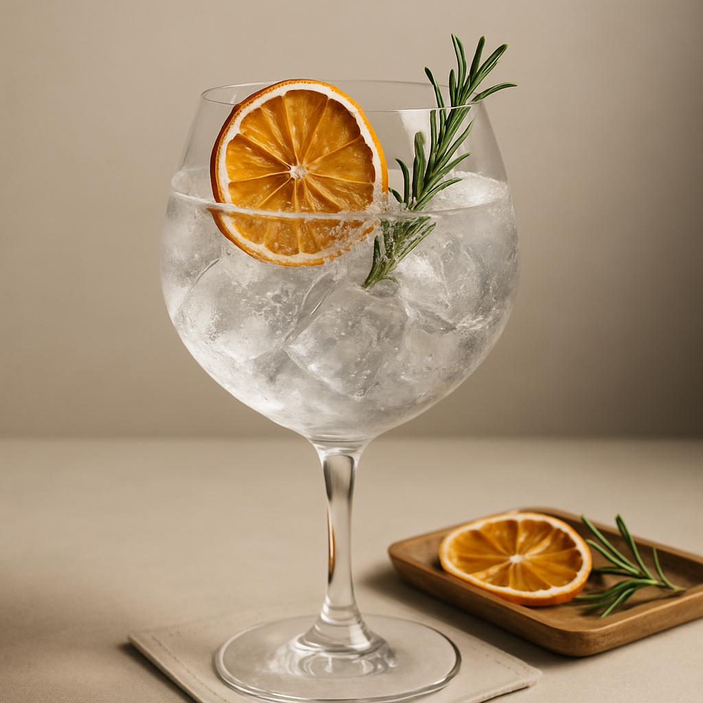 Defiance Navy Strength Premium Gin served with Double Dutch Indian Tonic Water, garnished with dehydrated orange wheel and fresh rosemary sprig