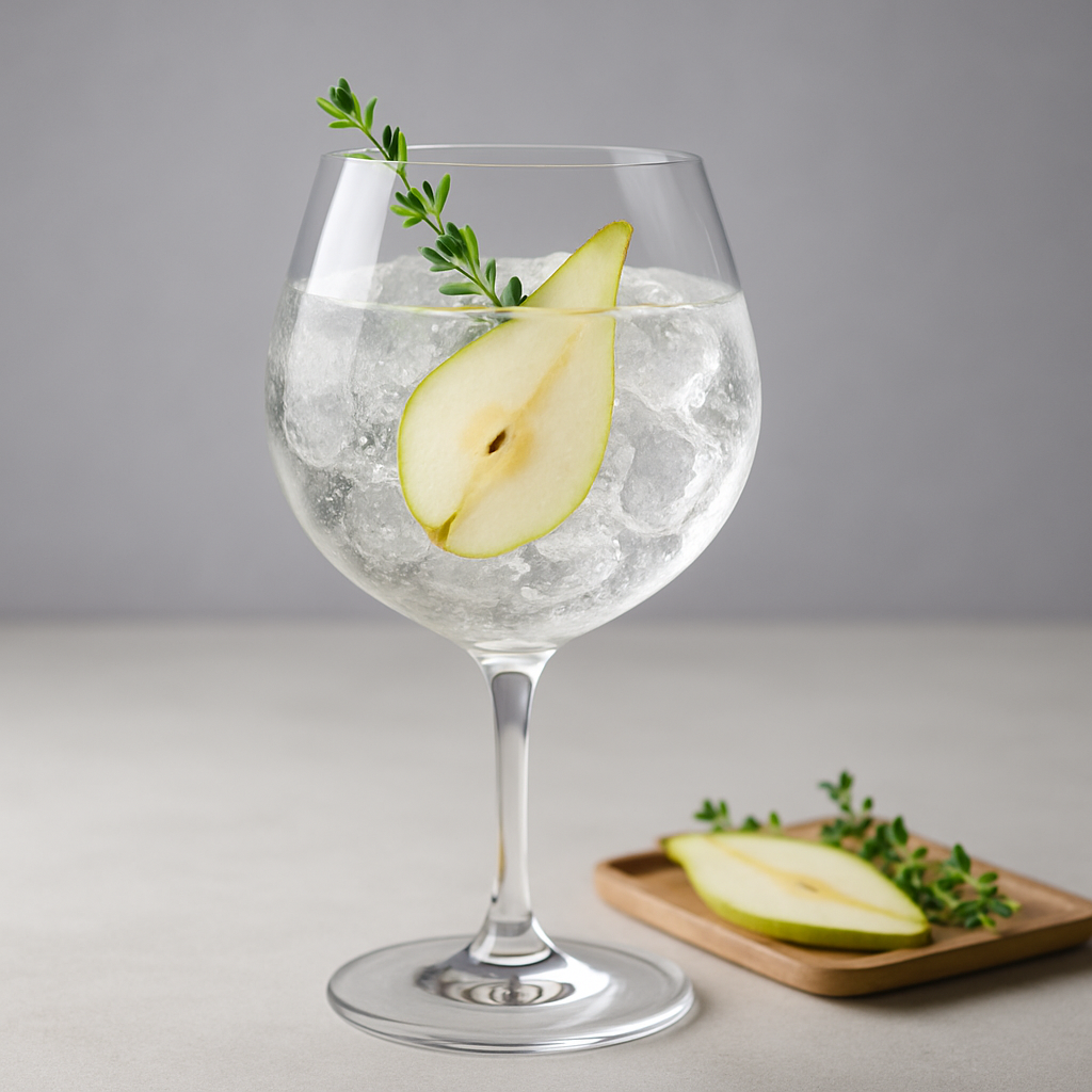 Dicky Bird - Pepper & Pear served with Fever-Tree Mediterranean Tonic Water, garnished with thin slice of fresh pear and lightly bruised thyme sprig