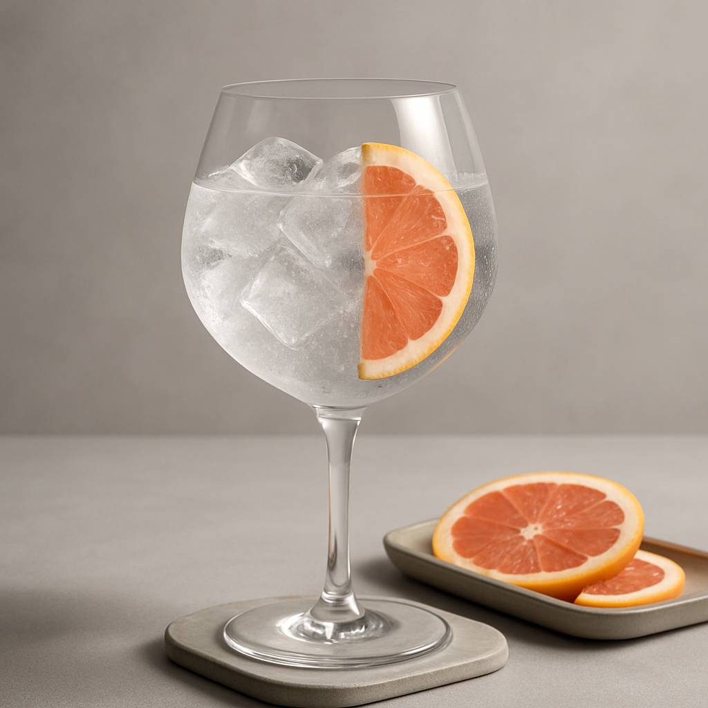 Dicky Bird Weser Dry Gin served with Thomas Henry Dry Tonic, garnished with thin slice of fresh grapefruit