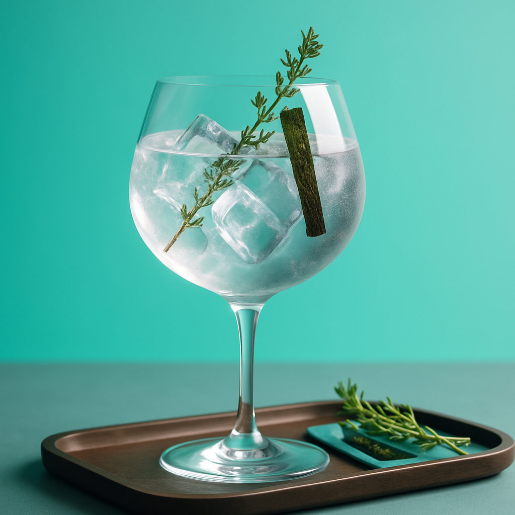 Downpour Coast & Croft Gin served with Sanpellegrino Citrus Tonic, garnished with Fresh thyme sprig, lightly bruised and Thin strip of nori seaweed
