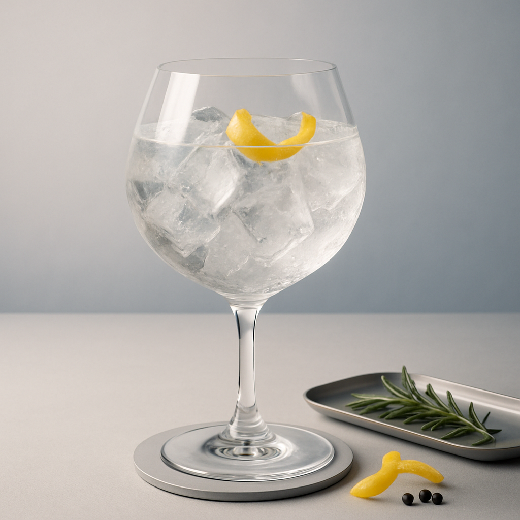 Drabness Gin served with Fever-Tree Indian Tonic Water, garnished with lemon peel twist