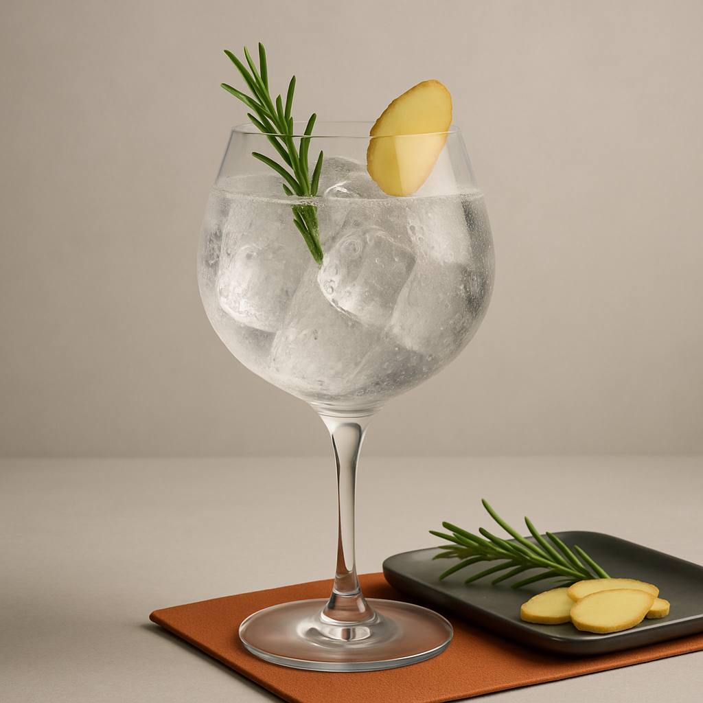 Drebbel Gin served with Fentimans Valencian Orange Tonic Water, garnished with thin slice of fresh ginger and sprig of rosemary