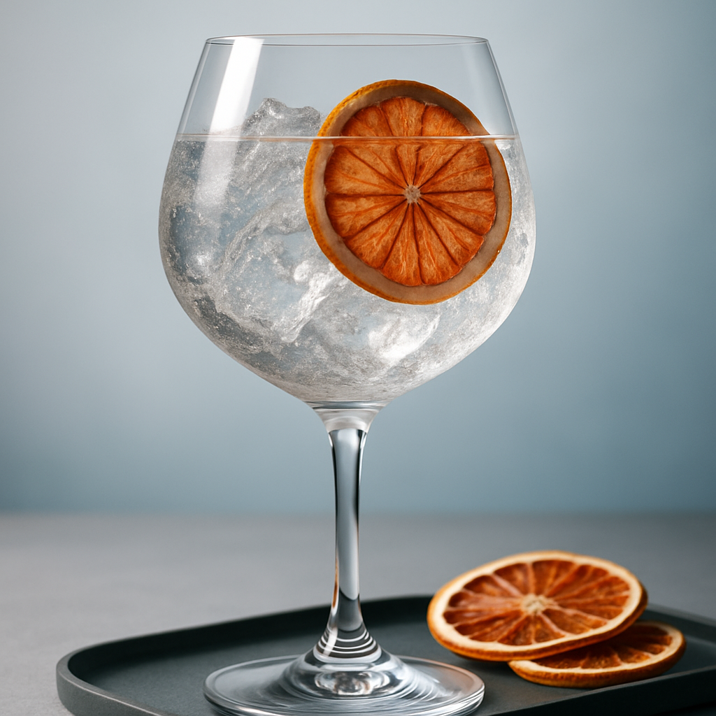 Drumshanbo Gunpowder Irish Gin served with East Imperial Yuzu Tonic, garnished with thin slice of dehydrated grapefruit