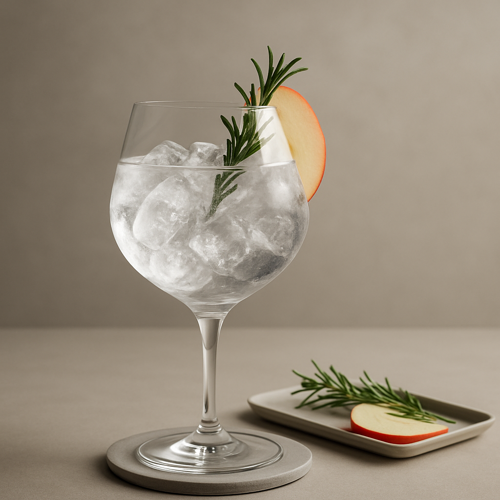 E18hteen Gin servi avec Fever-Tree Mediterranean Tonic Water, agrémenté de thin slice of fresh apple et sprig of rosemary