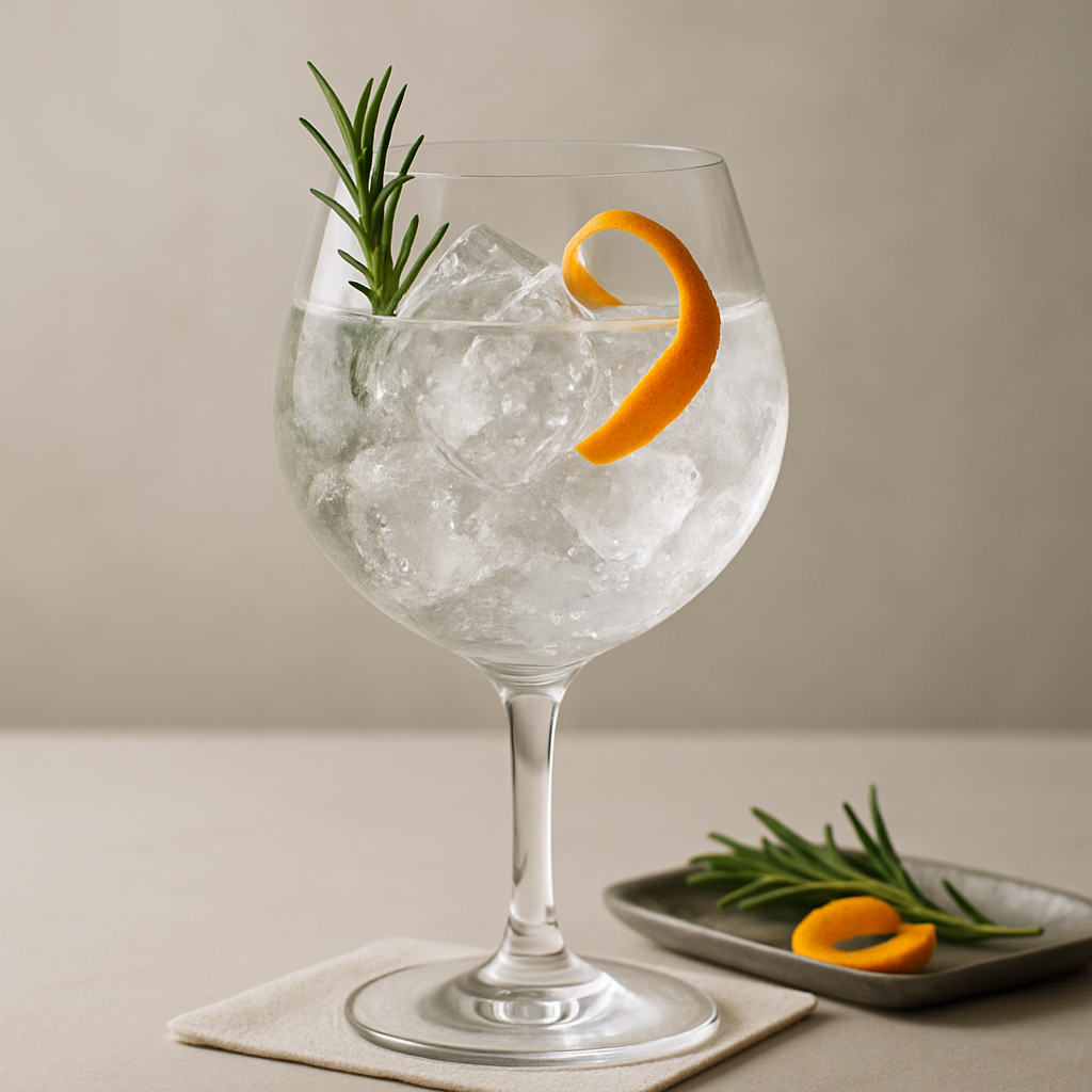 Elephant Gin - Orange Cocoa servi avec Fever-Tree Mediterranean Tonic Water, agrémenté de Fresh rosemary sprig et Orange twist