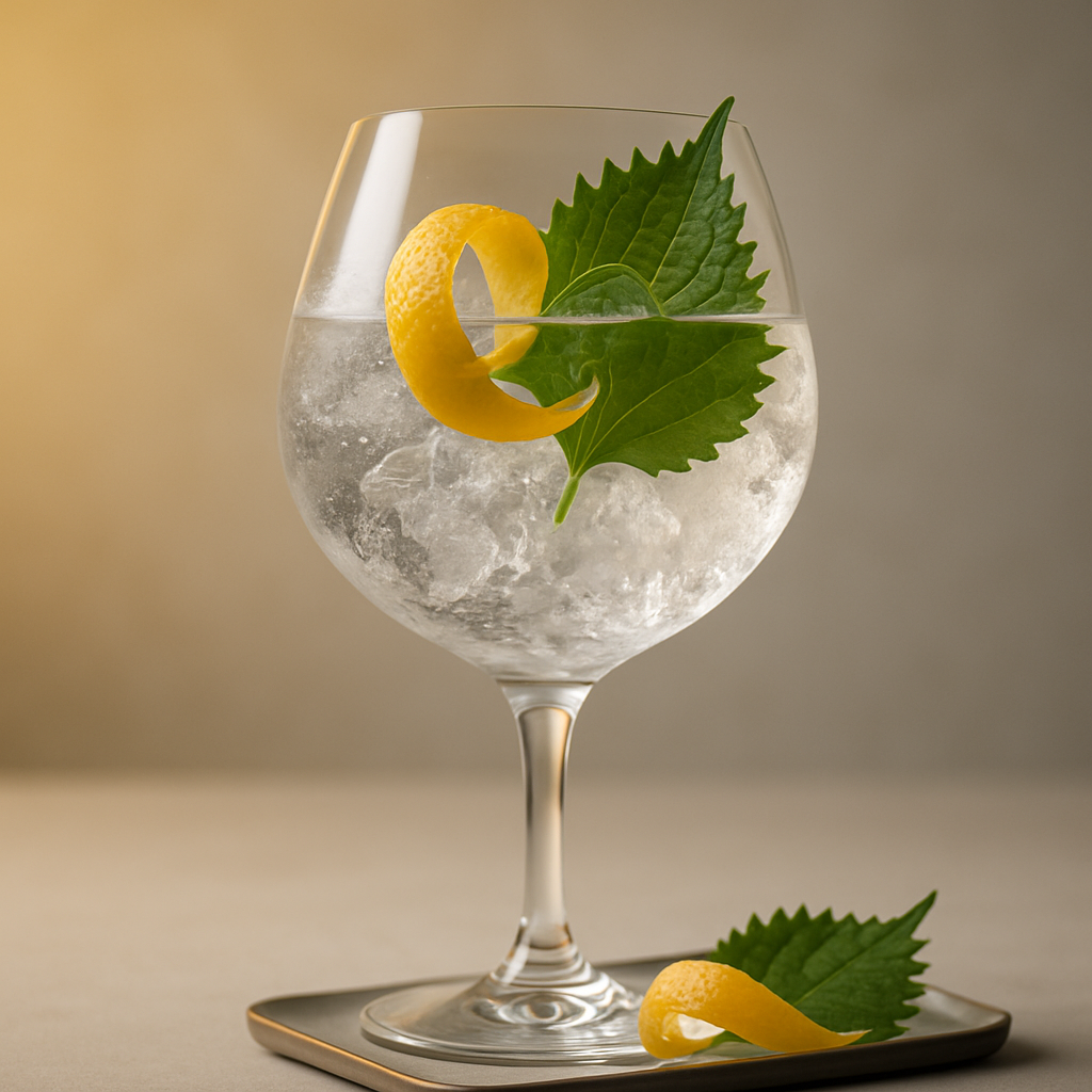 Etsu Yuzu Gin servi avec Fentimans Oriental Yuzu Tonic, agrémenté de Fresh yuzu peel twist et Lightly bruised shiso leaf