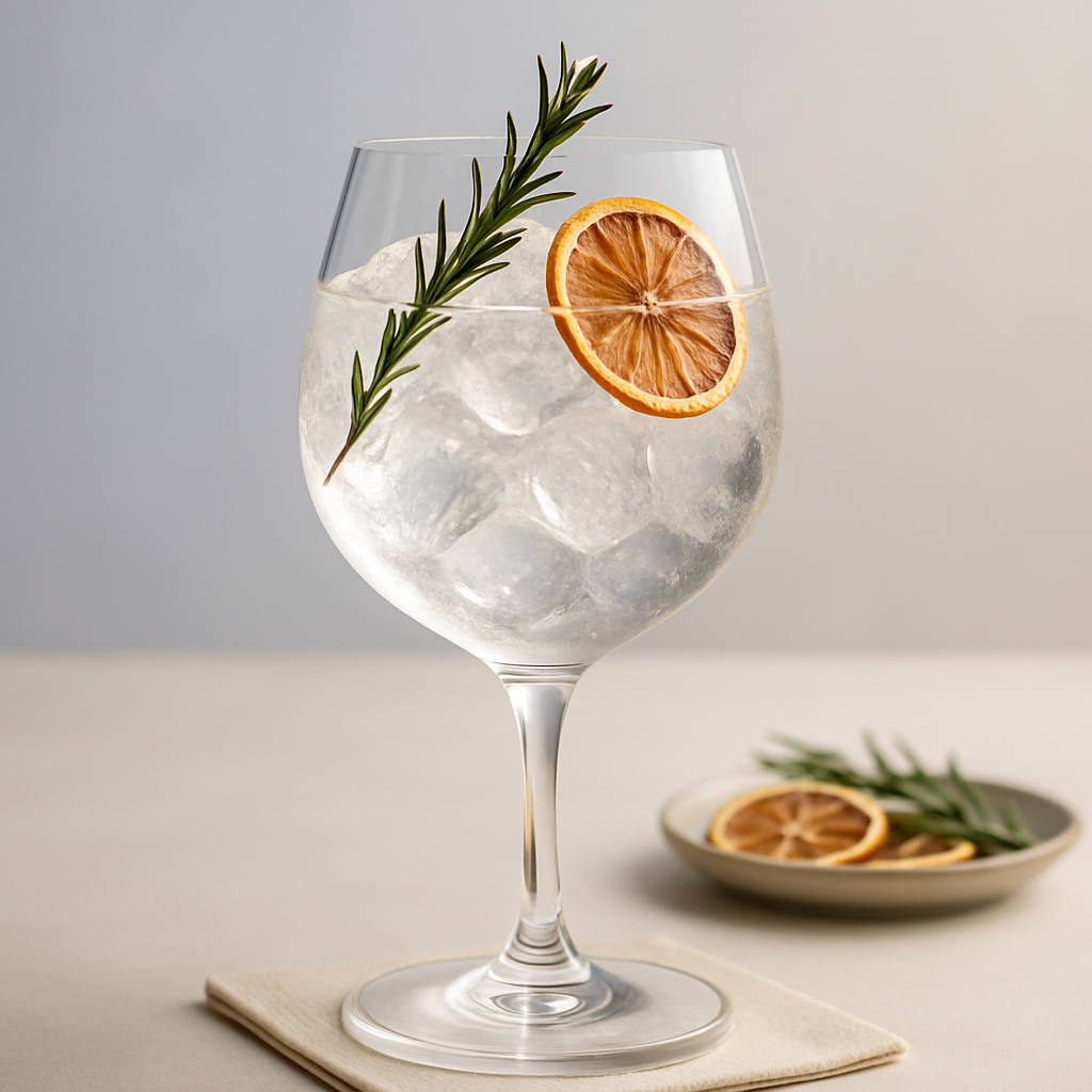 Fair Gin served with East Imperial Burma Tonic Water, garnished with Lightly singed rosemary sprig and Thin slice of dehydrated lemon