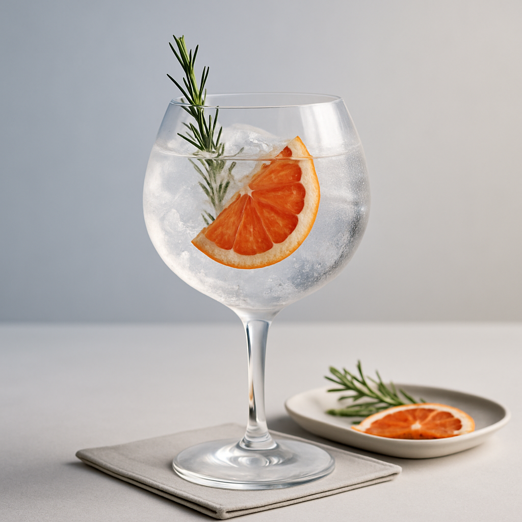 FAIR Juniper Gin servi avec Fever-Tree Mediterranean Tonic Water, agrémenté de Thin slice of dehydrated grapefruit et Lightly singed rosemary sprig
