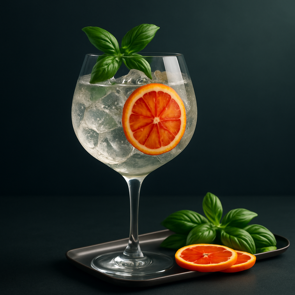 Fallen Angel Blood Orange Gin served with East Imperial Yuzu Tonic, garnished with thin slice of blood orange and fresh basil sprig