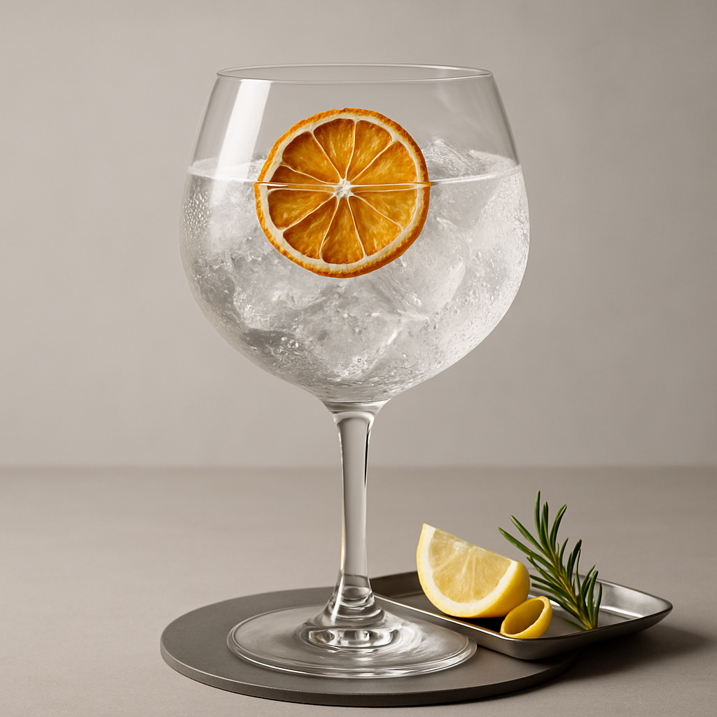 Filliers Dry Gin 28 served with 1724 Tonic Water, garnished with thin slice of dehydrated orange