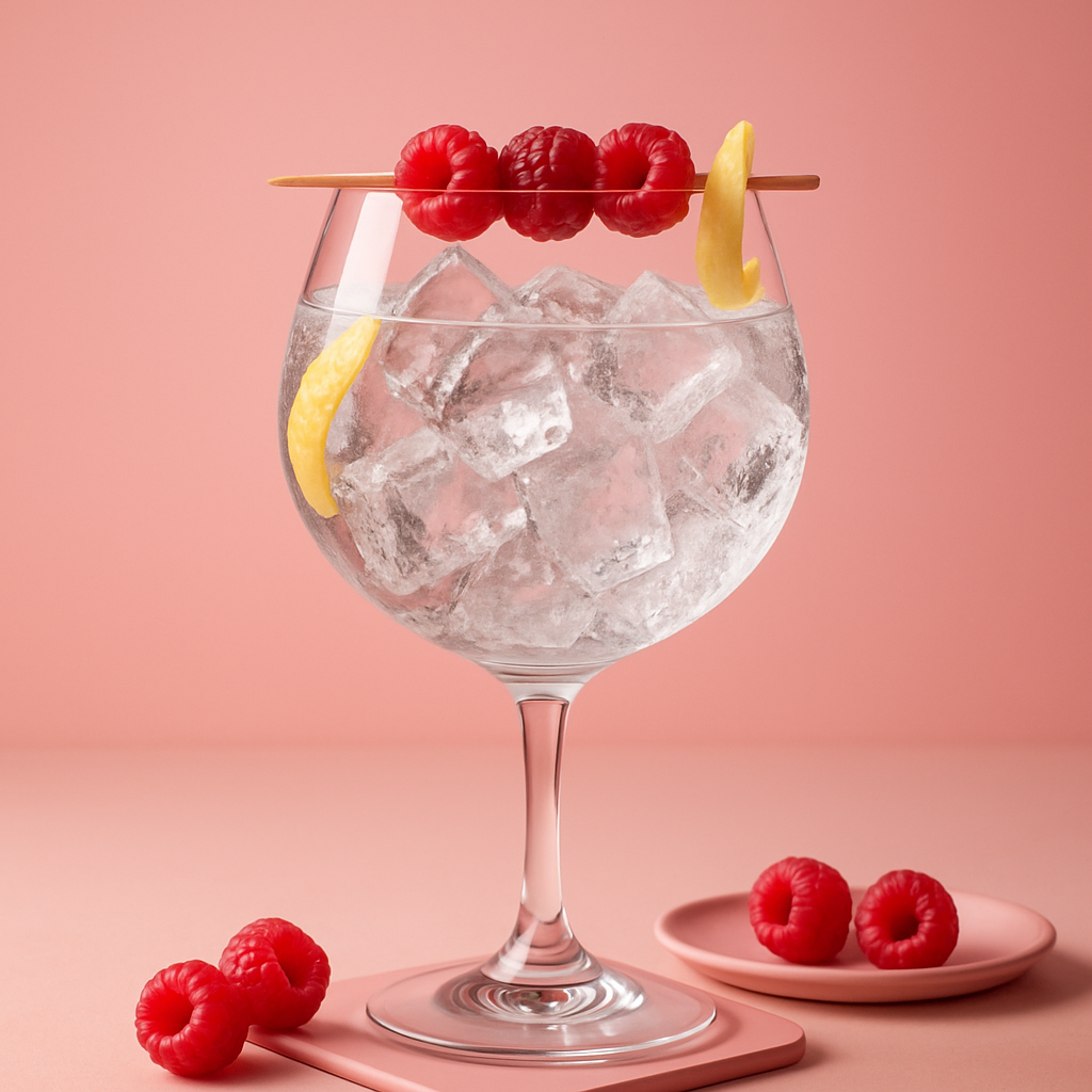 Filliers Dry Gin 28 Pink servi avec Fentimans Premium Indian Tonic Water, agrémenté de Skewer of fresh raspberries and lemon twist