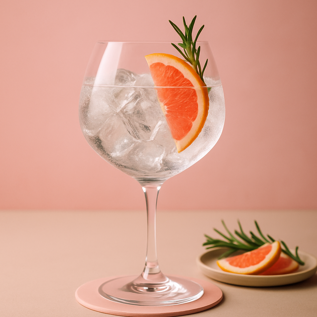 1836 Organic Pink Gin served with Q Drinks Q Indian Tonic Water, garnished with Grapefruit Slice and Rosemary Sprig