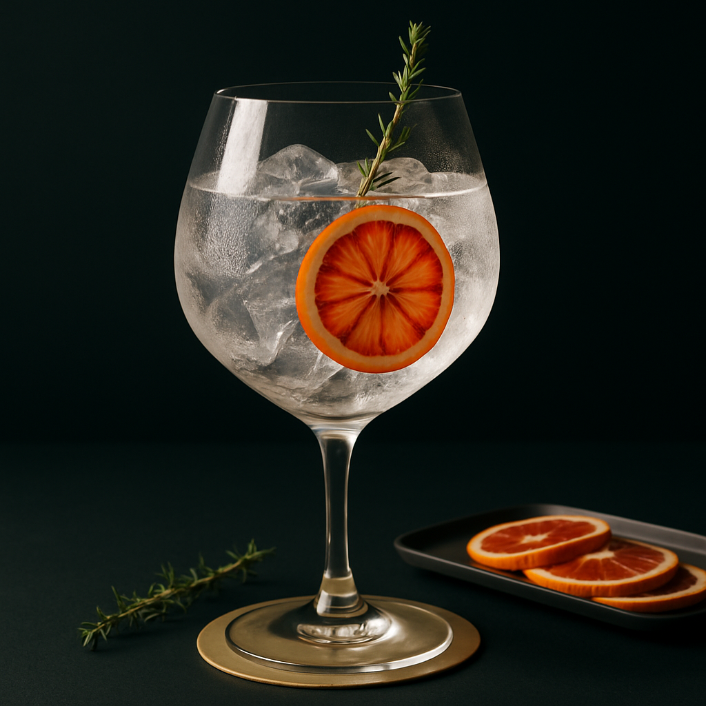 Forest Dry Gin All Seasons served with Fentimans Valencian Orange Tonic Water, garnished with Thin slice of blood orange and Sprig of fresh thyme