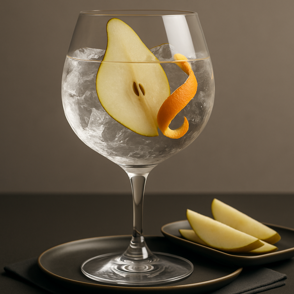 Forest Dry Gin Autumn served with Fever-Tree Elderflower Tonic Water, garnished with thin slice of fresh pear and twist of tangerine peel