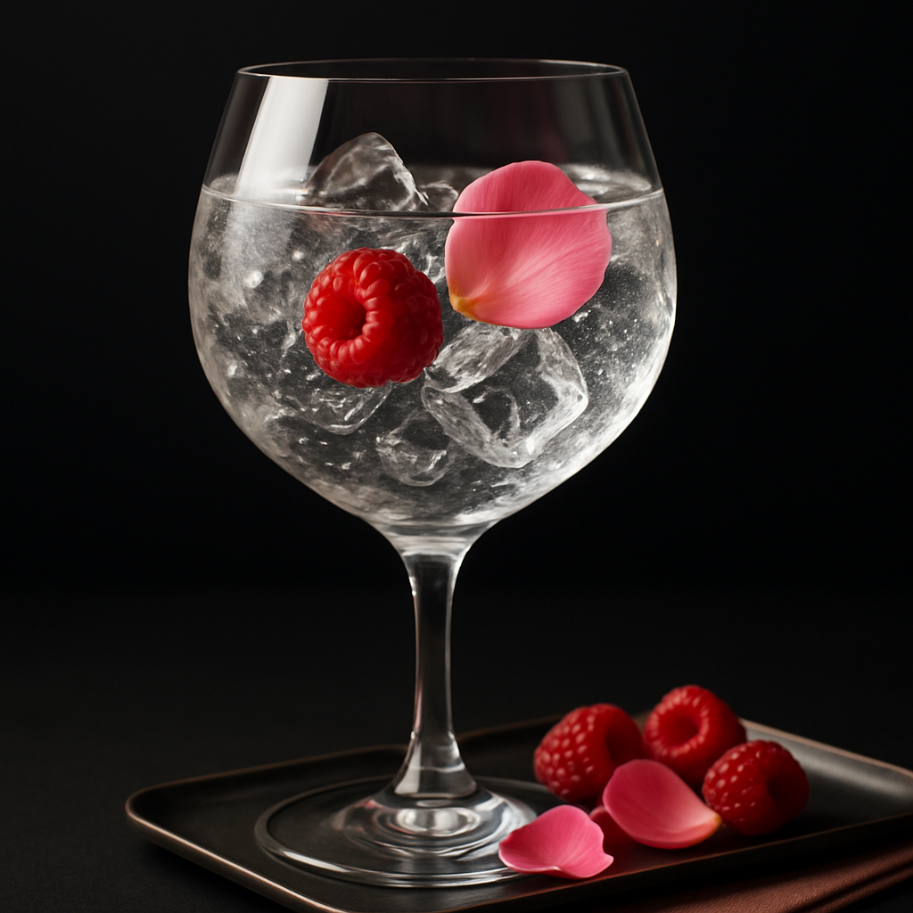 Forest Dry Gin Spring served with Franklin & Sons Mallorcan Tonic Water, garnished with fresh raspberry and rose petal