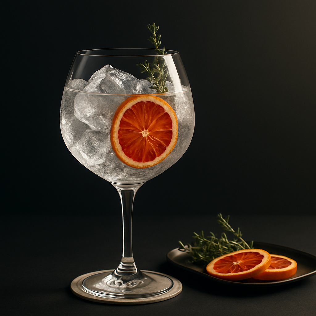 Forest Dry Gin Summer served with East Imperial Burma Tonic Water, garnished with thin slice of blood orange and sprig of fresh thyme