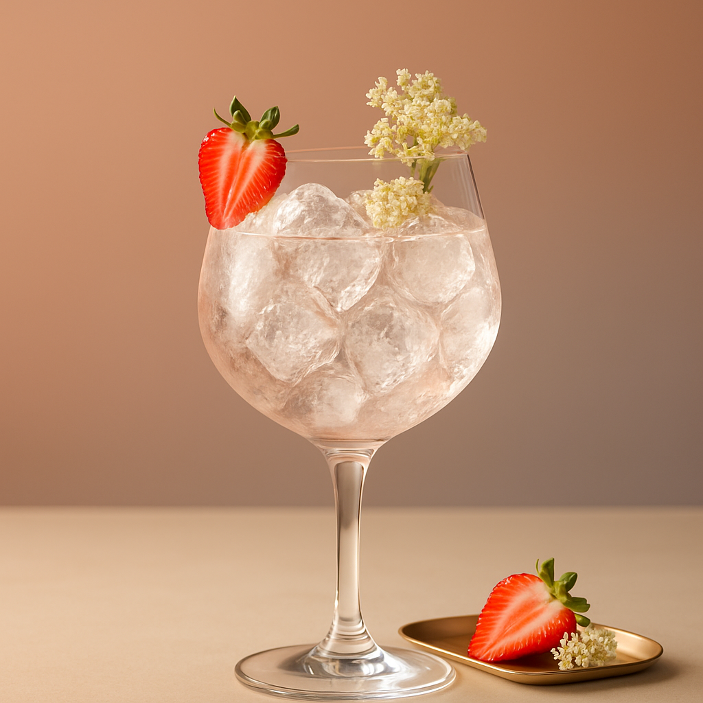 Forest Dry Gin Valentine servi avec Fentimans Rose Lemonade, agrémenté de Fresh strawberry, sliced halfway and perched on the rim et Sprig of elderflower laid atop the ice