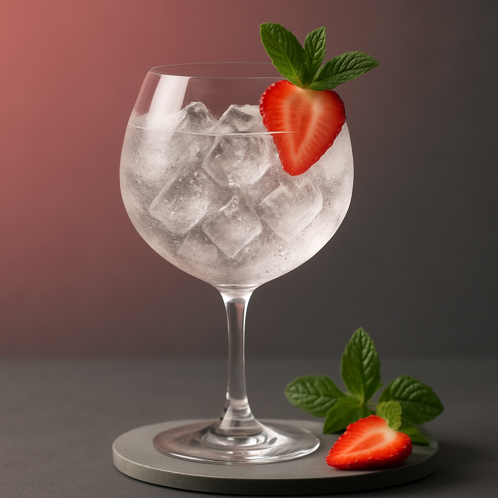 Fox Gang Pink Gin servi avec Fentimans Rose Lemonade, agrémenté de thin slice of fresh strawberry et sprig of mint