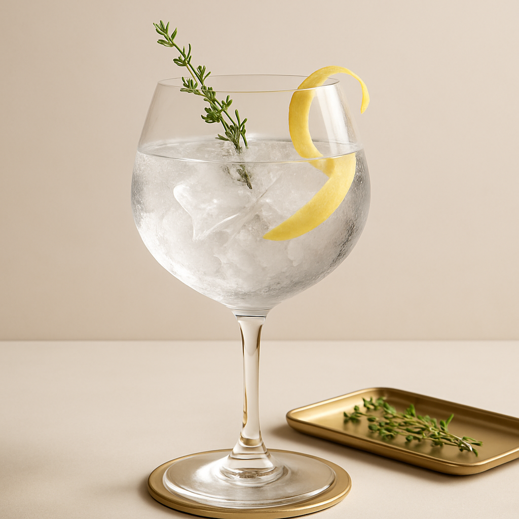 Fynoderee RNLI Edition Gin servi avec Fever-Tree Mediterranean Tonic Water, agrémenté de Thin slice of lemon zest et Fresh thyme sprig