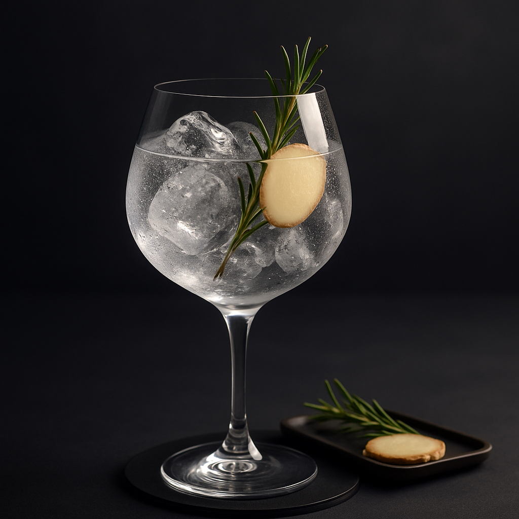 G'Vine Nouaison Gin served with Schweppes Premium Mixer Ginger & Cardamom Tonic, garnished with Thin slice of fresh ginger and Sprig of rosemary