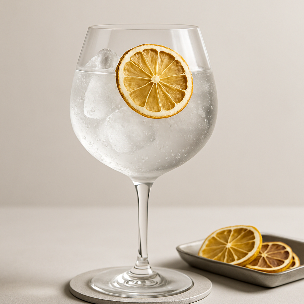 Gabriel Boudier Blackcurrant Bud Gin servi avec East Imperial Yuzu Tonic, agrémenté de dehydrated lemon wheel