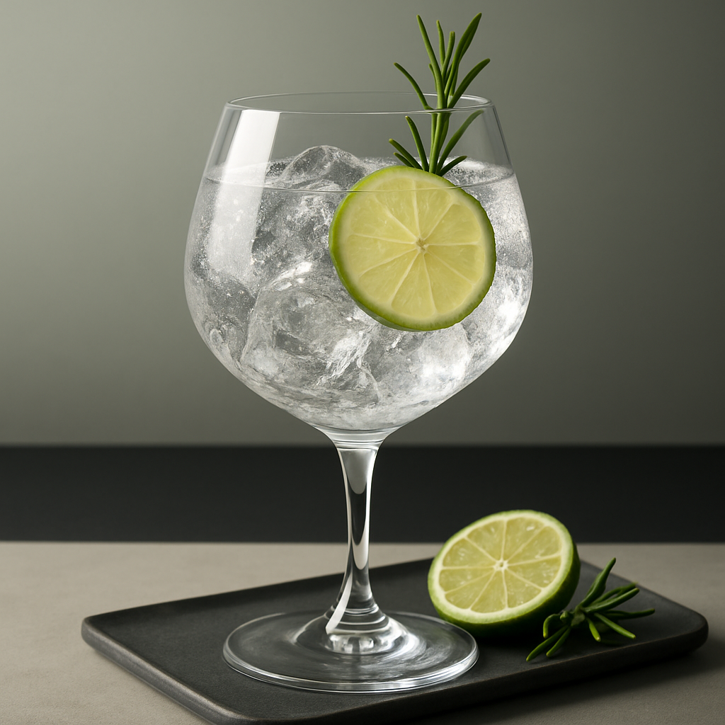 Garnish Island Gin served with Fever-Tree Mediterranean Tonic Water, garnished with Sprig of rosemary and Thin slice of lime