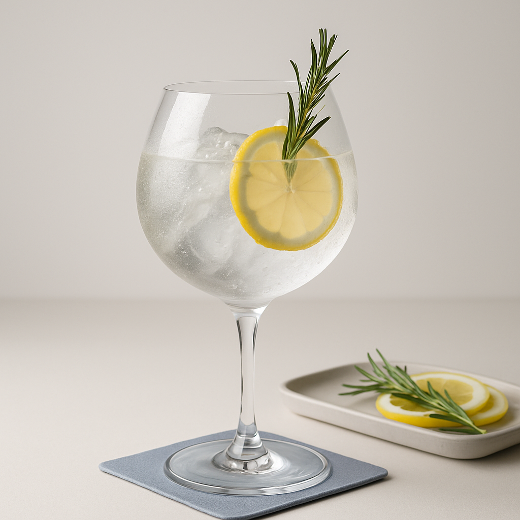 GauGin Beach served with Thomas Henry Tonic Water, garnished with Lightly singed fresh rosemary sprig and Thin lemon slice