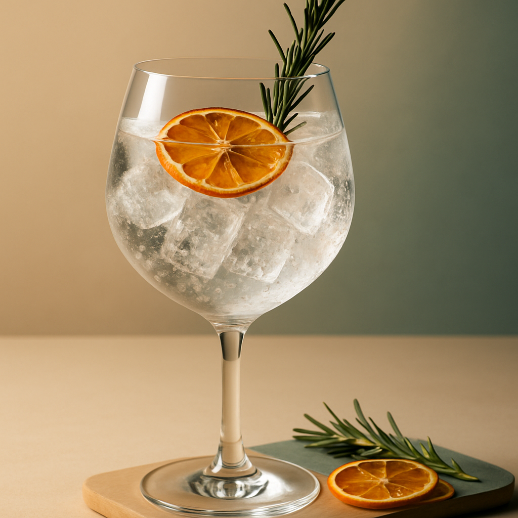 GauGin Classic served with Fever-Tree Mediterranean Tonic Water, garnished with lightly singed fresh rosemary sprig and thin slice of dehydrated orange