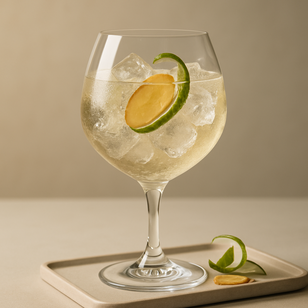 Gemblue Barrel Gin servi avec Fever-Tree Ginger Ale, agrémenté de thin slice of fresh ginger et twist of lime peel