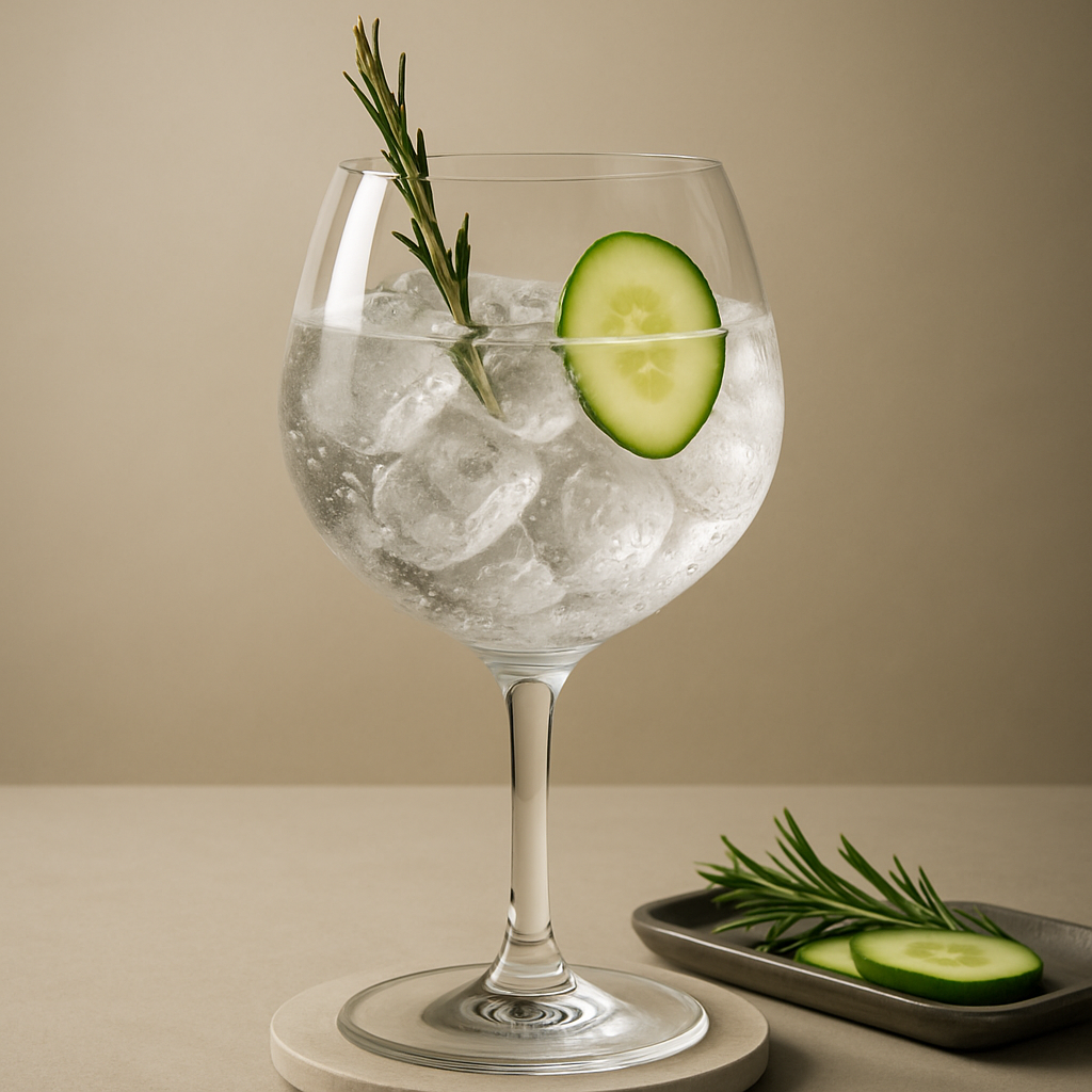 Gemblue Barrel Gin Cask Tequila servi avec Fever-Tree Mediterranean Tonic Water, agrémenté de Thin cucumber slice et Lightly singed rosemary sprig